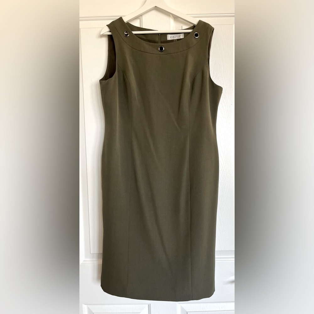 **SOLD** EUC KASPER size 16 olive green sheath dress, back zip grommet detail - Picture 1 of 4